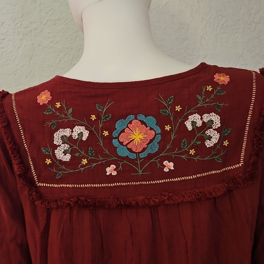 GRACE & LACE Floral Mexican Embroidered Maroon Fringe Long Sleeve Cotton Top - Picture 8 of 12